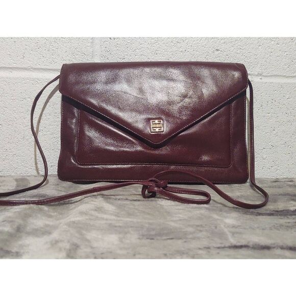 VTG Givenchy SAC A MAIN 80s Maroon Leather Envelope Crossbody Shoulder Bag Purse - Picture 1 of 6